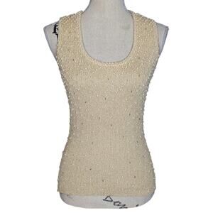 Cache Y2K Scoop Neck Knit Tank with Pearl Beads Gold Size L